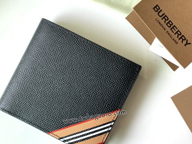 Burberry專門店新款黑色小牛皮男士短夾錢包 巴寶莉短夾條紋印花粒紋皮革雙折錢夾 yxb1026